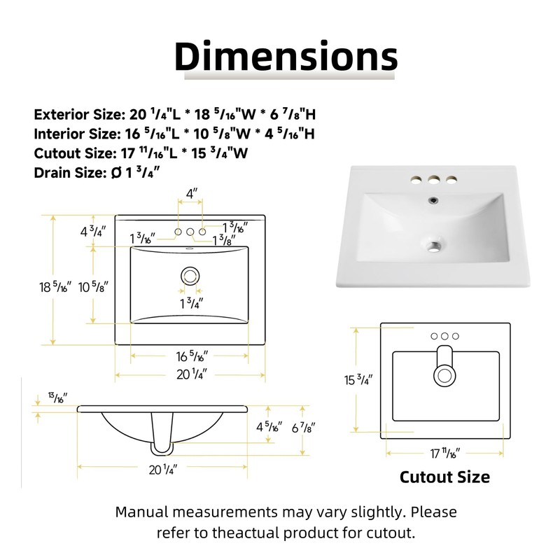 20"W x 18"D Drop In Bathroom Sink with 4-in Centerset