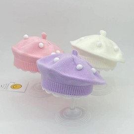 New Children's Girl's Cute Wool Beret Hat with Sweet Mushroom Dots Free Size / White 15ea