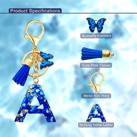 Initial Letter Keychains for Girls Women Pink Blue Golden，Tassel Butterfly Pendant Key Ring for Purse Handbags School Bag, Blue