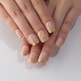 evpct Initial Letter French Tips Press On Nails Short Square for Women Gift, Nude + Gold Tip, Glossy Soft Gel Press Glue On Nail with Nail Glue, 3D Design Full Cover Reusable Acrylic Fake Nails Kit, K