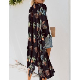 Women's Summer Chiffon Long Kimono Cardigans Dusters Plus Size Boho Floral Beach Swimsuit Swimwear Cover Ups Maternity Tops Sheer Leaf Print Black X-Large