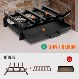 IGOHEALS Fireplace Grate 17 Inch- Wood Stove Fireplace Log Grates Set with Ember & Ash Trays Pan, Heavy Duty Wrought Cast Iron Rack Holder Pit for Indoor Outdoor Chimney Hearth