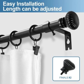 Urbanest Fluted Ball Adjustable Single Drapery Curtain Rod Set with 16 Rings, 5/8", 48"-84", Black