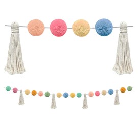 Pom Pom Garland for Classroom Boho, 74.8 Inch 16 Felt Ball Bulletin Board Garland, Colorful Yarn Tassel Banner Garland, Hanging String Decorations for Party Desk Nursery Wall Accents Decor (Beige)