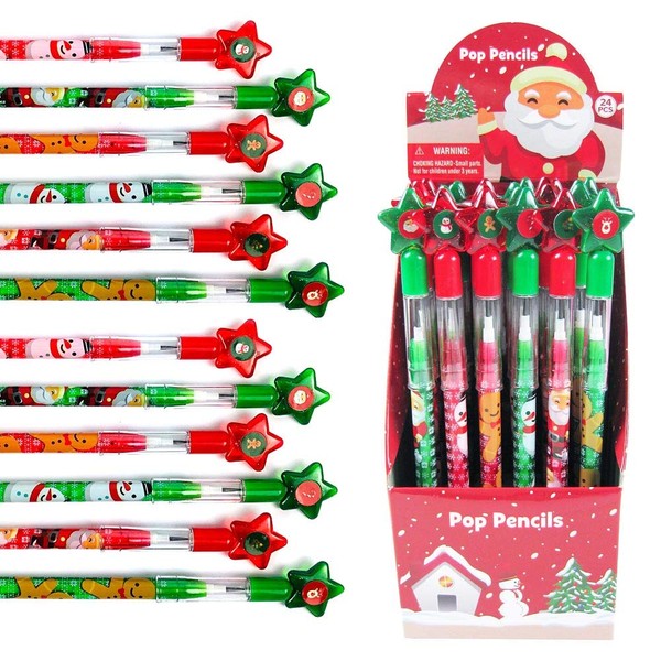 Tiny Mills 24 Pcs Christmas Multi Point Stackable Push Pencil Assortment with Eraser for Christmas Party Favor Prize Carnival Stocking Stuffers Classroom Rewards Prizes