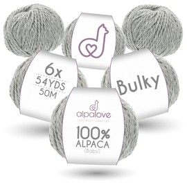ALPALOVE Bulky Set (6 x 1.75 oz) Super Soft Baby Alpaca Knitting Yarn Light Gray 328 Yards
