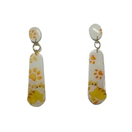 Polymer Clay Cat Paw Print Pierced Dangle Earrings, Yellow and White, Gold Colored