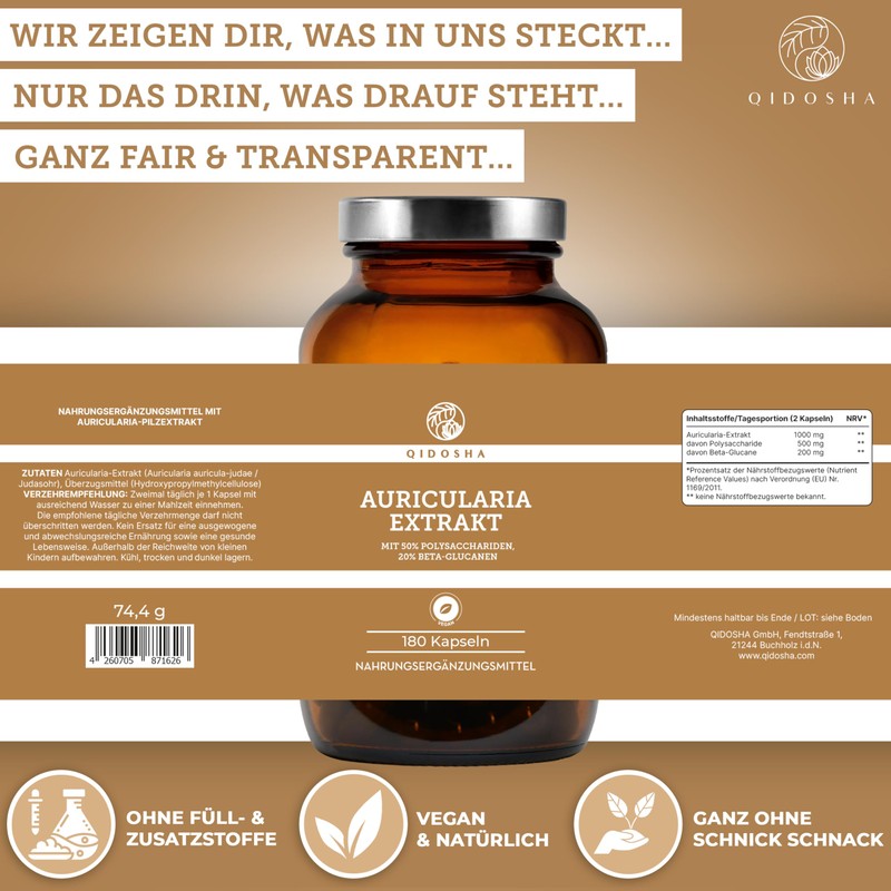QIDOSHA® Auricularia 40:1 Extract Capsules, 180 Pieces in Pharmacist Glass,