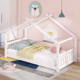 Harper & Bright Designs Kids House Beds Twin, Wooden Montessori Bed, Kids Twin House Bed with Headboard & Footboard, Twin Bed Frame for Kids Boys Girls Teens, No Box Spring Need (Twin, White)