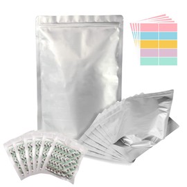 SHXWELL 50pcs 1 Quart Mylar Bags for Food Storage with Oxygen Absorbers 200CC (6 Packs of 10pcs) and Labels, 10 Mil 7"x10" Zipper Pouches Resealable and Heat Sealable for Long Term Food Storage (50 Bags)
