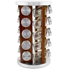 Orii Dark Acacia Wood Spice Rack with 20 EMPTY jars with Stainless Steel Lids and FREE Stainless Steel Funnel and Labels