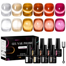 MEET ACROSS Jelly Glass Cat Eye Gel Nail Polish of 6 Clear Glaze Caramel Amber Gel Polish Kit with base top coat and Magnet Sheer Transparent Gel Manicure Nail Art DIY at Home for Salon