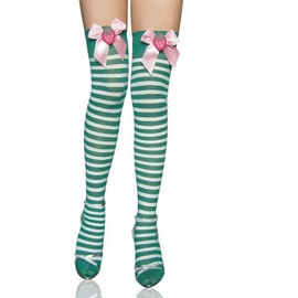 JJ-GOGO Women’s Stripe Thigh Highs with Strawberry Pink Ribbon Accents（Green）, As Photo, One size