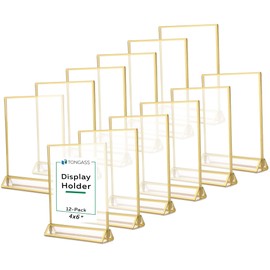 TonGass (12-Pack) 4x6" Standard Double-Sided Acrylic Wedding Table Numbers Picture Frames, Clear Sign Holders with 3mm Gold Border & Vertical Stand