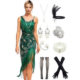 YENMILL Peacock-inspired 1920s Gatsby Beaded Flapper Sling Dress Womens Vintage Cocktail Dress W/Complete Accessories Set (Green, Large)
