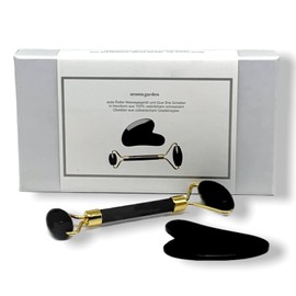 Black Jade Roller & Gua Sha Scraping Facial Tools Gift Set, Natural Black Obsidian Stone Heart Shape Guasha, Neck Eyes Face Massage Face Anti-Ageing Anti-Wrinkle