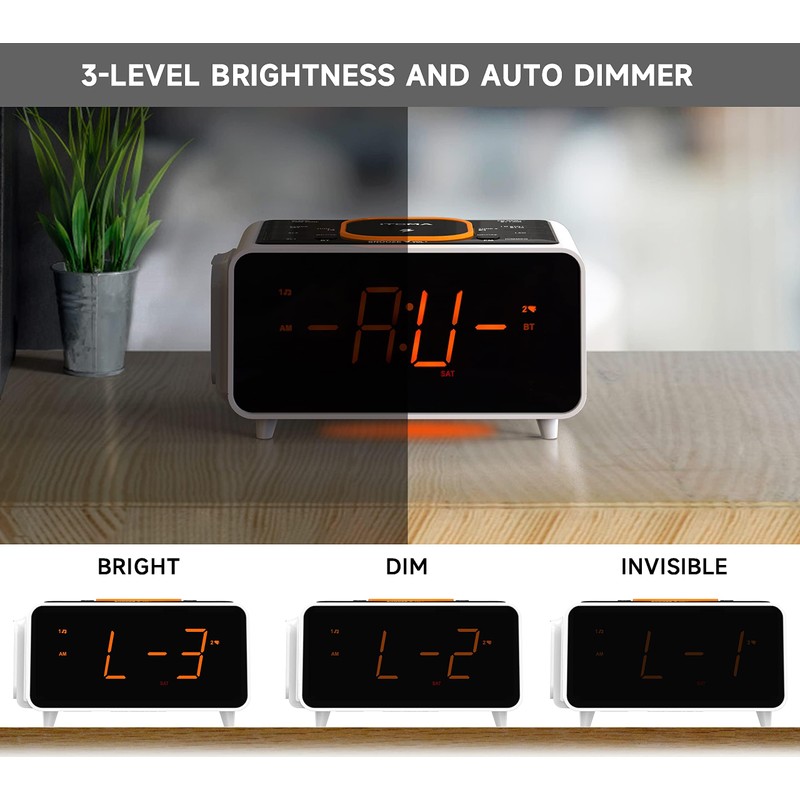 Dual Wireless Charging Alarm Clock Radio with Bluetooth Speaker, Digital