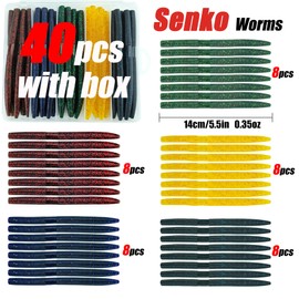 Senko Worms for Bass Fishing: 40PCS 5.5" Wacky Worm Lures Kit with Box | Senkos Soft Plastic Baits for Freshwater Saltwater | Slow-Fluttering Action