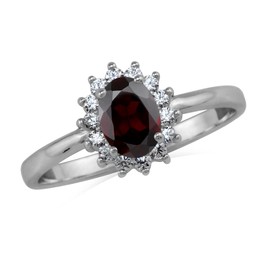 Silvershake Petite 7X5mm Natural Oval Shape Red Garnet White Gold Plated 925 Sterling Silver Flower Cluster Engagement and Promise Ring January Gemstone Birthstone Size 7, Sterling Silver Rhodium (White Gold Plated), natural red garnet & white cz