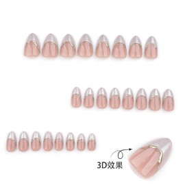 Press on Nails for Women Medium Almond Fake Nails French Tip with 3D Gold Line Design False Nails 24 Pcs (White-10, M-10)