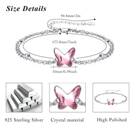 MEDWISE Butterfly Bracelet 925 Sterling Silver Light Pink/Moonstone White Crystal Bracelets Adjustable Bracelets Butterfly Jewellery Gifts for Women Girls Wife, Sterling Silver