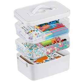 Gifhomfix 3-Layer Plastic Craft Organizers and Storage Box with Removable Trays, Storage Containers with lids and Handle, Art Supply Storage Organizer for Organizing Bead, Sewing, Tool