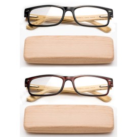 Real Bamboo Reading Glasses Spring Hinge Genuine Bamboo Rectangular Reader w/Case