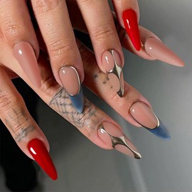 MERVF Almond Press on Nails Medium Fake Nails Blue French Tip Glue on Nails Press ons Gothic Stiletto Acrylic False Nails with Gold Design Glossy 24pcs