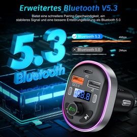 Bluetooth 5.3 FM Transmitter, SONRU Bluetooth Auto Radio Adapter, Metall PD 30W & QC3.0 Schnelles Autoladegerät mit Freisprecheinrichtung, Stärkere Dual-Mikrofone, Unterstützt USB-Stick, Ringlicht