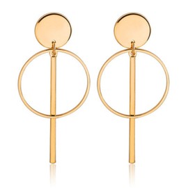 MALOYANVE Geometric Double Circle Hoop Earrings for Women Minimalist Gold Silver Plated Round Long Vertical Bar Dangle Drop Statement Earrings Jewelry (Gold Double Round)