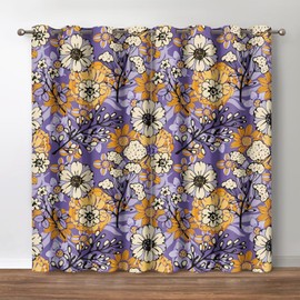Jekeno Boho Floral Blackout Curtains, Vintage Bohemian Flowers Print Decor, Botanical Purple Rowland Darkening Grommet Window Drapes for Bedroom Living Room, 52 Wide 84 Long inches 2 Panels