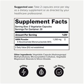 Toniiq Suplemento NMN de 1200 mg - Cápsulas estabilizadas probadas por terceros - 98% altamente purificado para NAD + - 60 cápsulas de suplemento de r