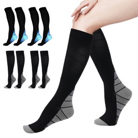 4 Pares de Calcetines de Compresión Mujer y Hombre, Medias de Compresion 20 a 30 Mmhg, Alivia Dolor de Pies y Pantorrillas, Aptos para Deportes, Ejercicio y Carreras, Gris, Azul