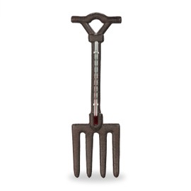 Relaxdays Outdoor Thermometer Analogue Cast Iron Garden Thermometer Wall Antique Pitchfork Design H x W 30 x 9 cm Brown 30 x 9 x 1.5 cm