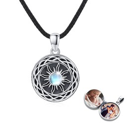 REDSUN Compass Locket Necklace 925 Sterling Silver Moonstone Chain Celtic Knot Photo Locket Amulet Medallion with Photo Compass Jewellery for Men Son Boys Women Gifts, Sterling Silver, Moonstone