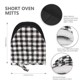 TOPSKY 2-Pack Short Oven Mitts, 7-Inch Heat Resistant Cotton Twill Kitchen Gloves with Non-Slip Grip Surfaces and Hanging Loop, Ideal for Baking, Grilling, and Cooking (Black and White Grid)