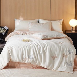 TodaFre Pink Tencel Lyocell Duvet Cover Queen Size, 3 Pieces Soft Cooling Bedding Set - 1 Embroidered Butterfly Duvet Cover 90x90 Inches with Zipper Closure, 2 Pillowcases