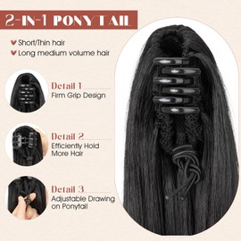 S-noilite Ponytail Extension,12 Inch Long Straight Claw Clip Ponytail Hair Extension Natural Black Synthetic Hairpiece for Women for Daily Use