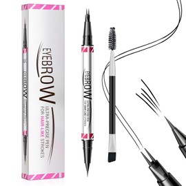 Microblading Eyebrow Pen, Waterproof Eyebrow Pencil Brown Hair Like Natural Liquid Brow Contouring Pen, 2-in-1 Dual-Ended Long Lasting Eye Brow Filler Pencil with Precise Micro-Fork-Tip (Black)