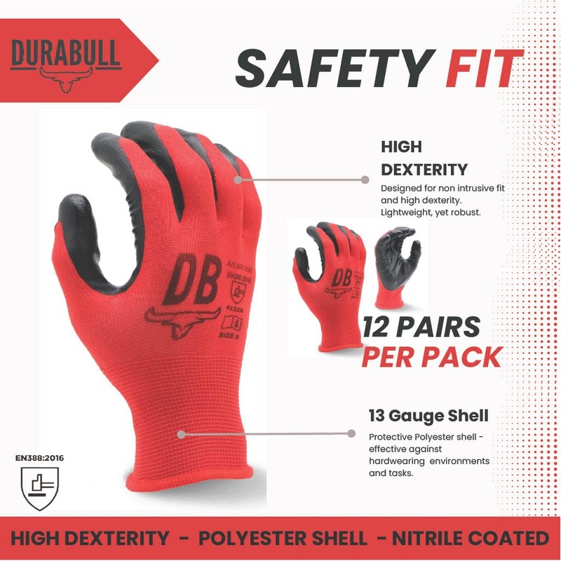 Durabull Work Gloves - 12 Pairs. Protective Safety Gloves For