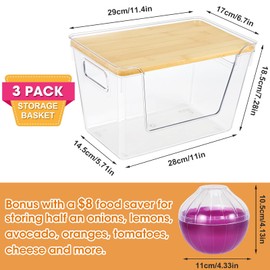 4 Set Pantry Organizers and Storage Containers with Bamboo Lids & Onion Saver -Stackable Clear Kitchen Countertop Cabinet Organizing Bins for Produce Potato Fruits Vegetable Snack Spice Storage