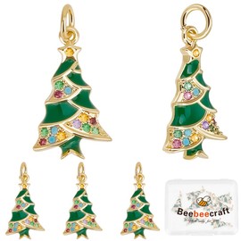 Beebeecraft 1 Box 10Pcs Christmas Tree Charms Enamel Cubic Zirconia Platinum Xmas Tree Charms with Jump Ring for Jewelry Making Bracelet Earring