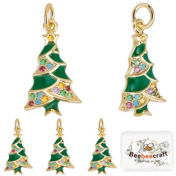 Beebeecraft 1 Box 10Pcs Christmas Tree Charms Enamel Cubic Zirconia