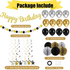Black Gold Birthday Party Decorations Supplies with Pre-Strung Glitter Gold Happy Birthday Banner,Honeycomb Balls,Hanging Swirls,Circle Dots Garland,Balloons for Women Men Boys Girls