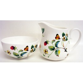 Strawberries & Butterflies Cream/Milk Jug and Sugar Bowl Fine Bone China Matching Set Hand Decorated UK