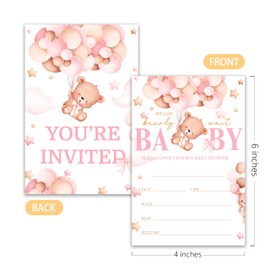 KGHYT Cute Bear with Balloons Baby Shower Invitations, “We Can Bearly Wait” girl Baby Shower Invitation Set, Teddy Theme 4x6 Inch Gender Reveal Party Supplies(072)