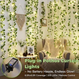 suddus 200 LED Vine with Light Plug in, 6.5ft x 6.5ft Pothos Fairy Curtain Lights with Remote, Leaf Fairy Lights for Wall,Bedroom, Dorm, Wedding, Party, Indoor Decor(Warm White)