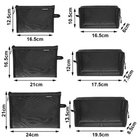 SUPACOOL Juego de 4 bolsas organizadoras de maquillaje de malla de viaje con cierre bolsa de pañales, bolsas organizadoras de nailon para mujeres y hombres, 4 piezas (S/M/L/XL), Negro