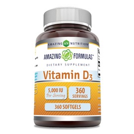 Amazing Formulas Vitamin D3 (Cholecalciferol) Supplement | 5000 IU per Serving | Softgels | Non-GMO | Gluten-Free | Made in USA (1 Pack | 360 Count)