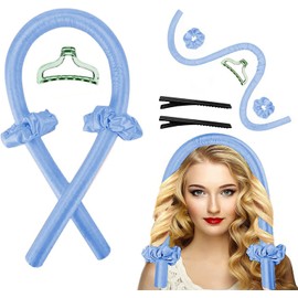 Rizos Sin Calor Cabello Largo, Rizador de Cabello Sin Calor con Pinzas para el Cabello y Coletero, Kit de Herramientas para Peinar el Cabello de Seda Suave, Sin Daños, Sin Calor (Azul Claro)…